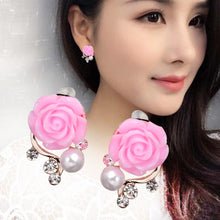 Load image into Gallery viewer, Exaggerated Rose Flower Imitation Pearl Crystal Earrings
