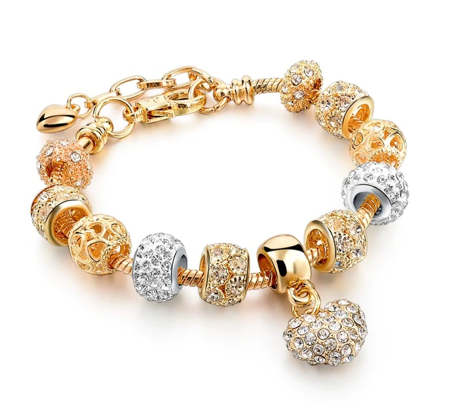 Luxury Golden Plated Crystal Heart Charm Bracelet in 5 styles