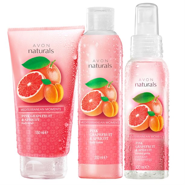 Avon Naturals Pink Grapefruit & Apricot Body Scrub + Body Lotion + Body Mist - Set